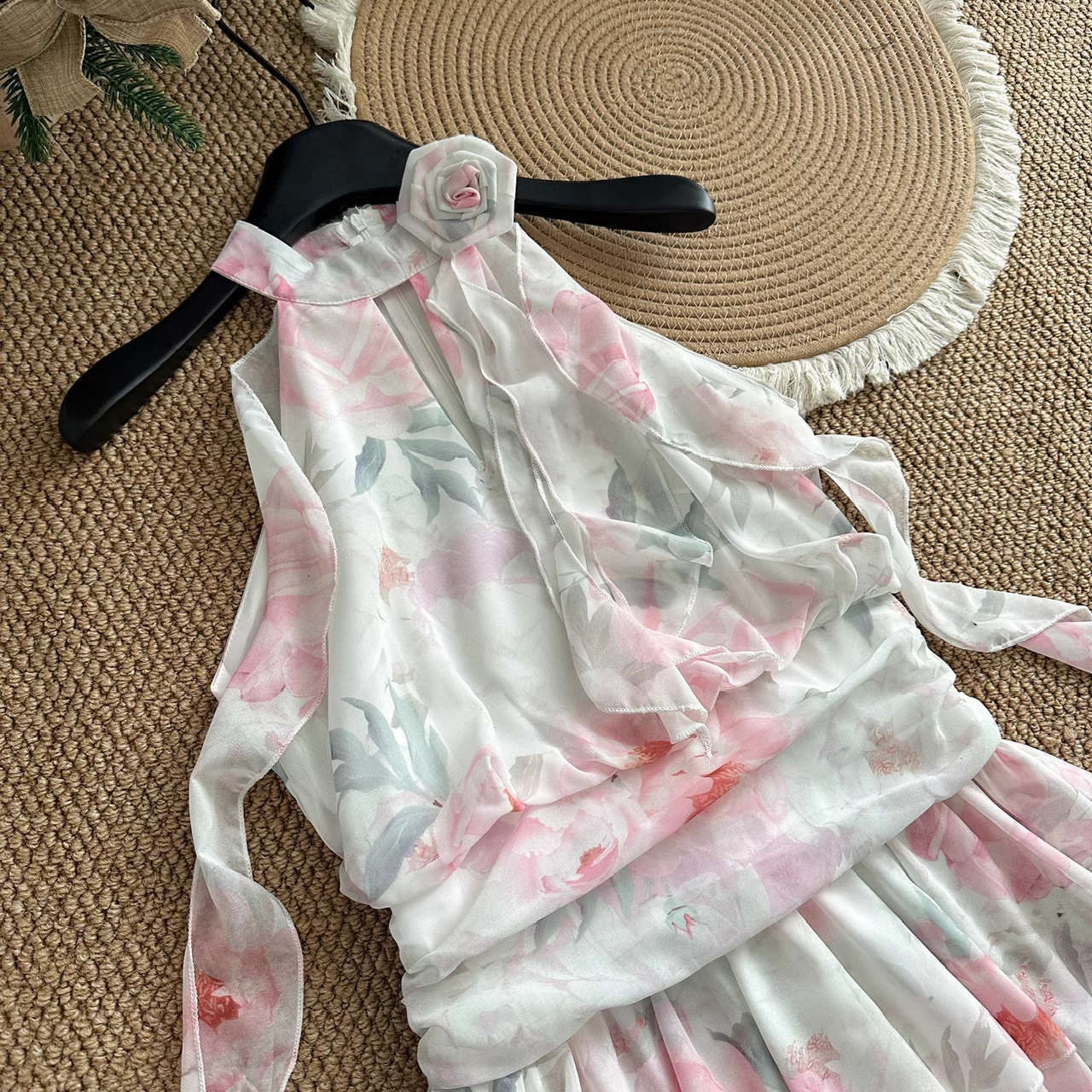 Cute A line Halter Rose Flower Sleeveless Floral Pink Dress Short Holiday Dresses