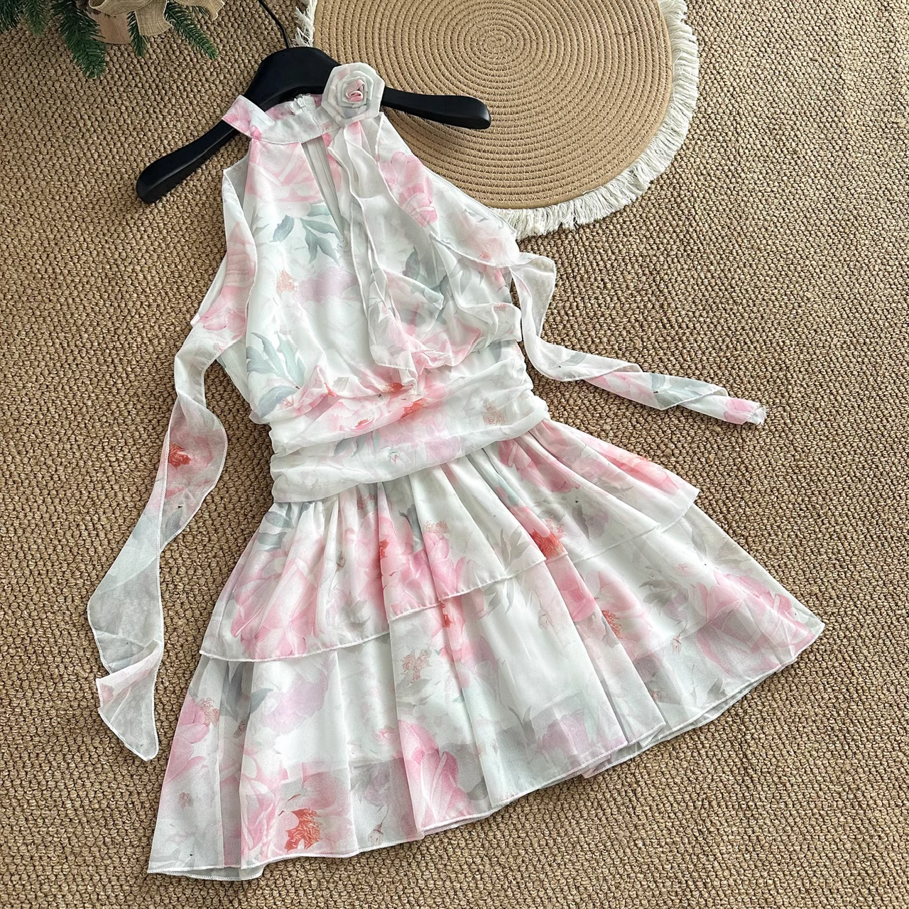 Cute A line Halter Rose Flower Sleeveless Floral Pink Dress Short Holiday Dresses