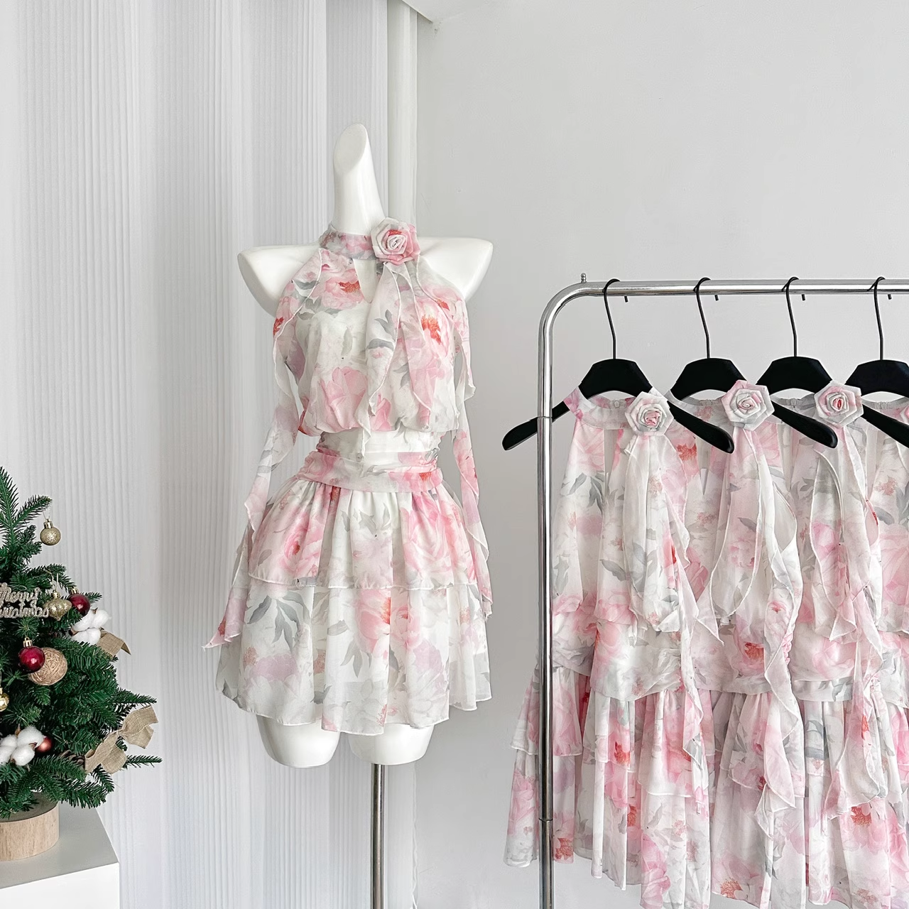 Cute A line Halter Rose Flower Sleeveless Floral Pink Dress Short Holiday Dresses