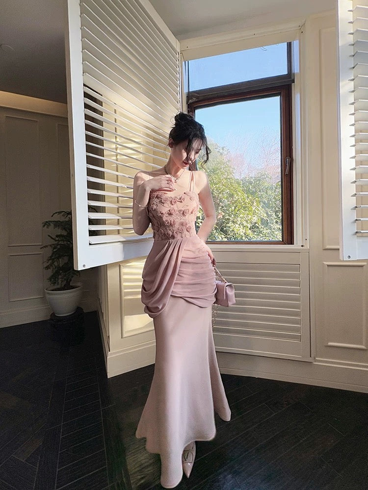 Pretty Mermaid Spaghetti Straps Pink Long Evening Dress Prom Dresses