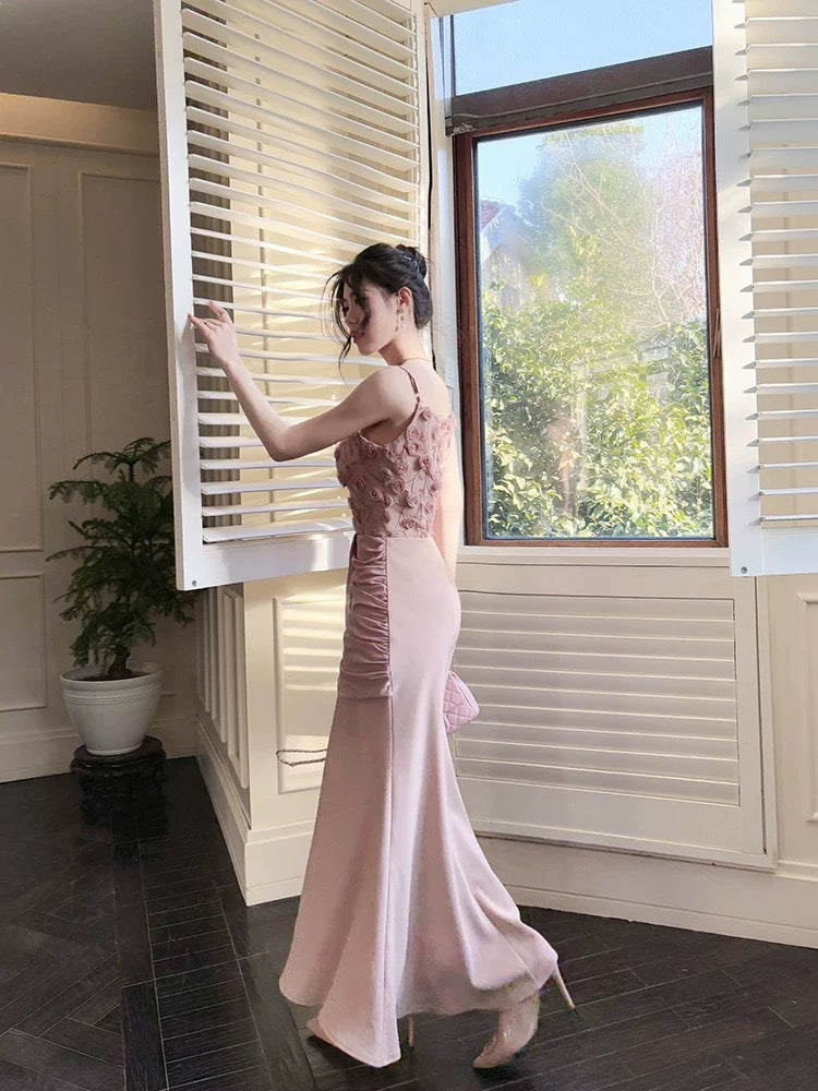 Pretty Mermaid Spaghetti Straps Pink Long Evening Dress Prom Dresses