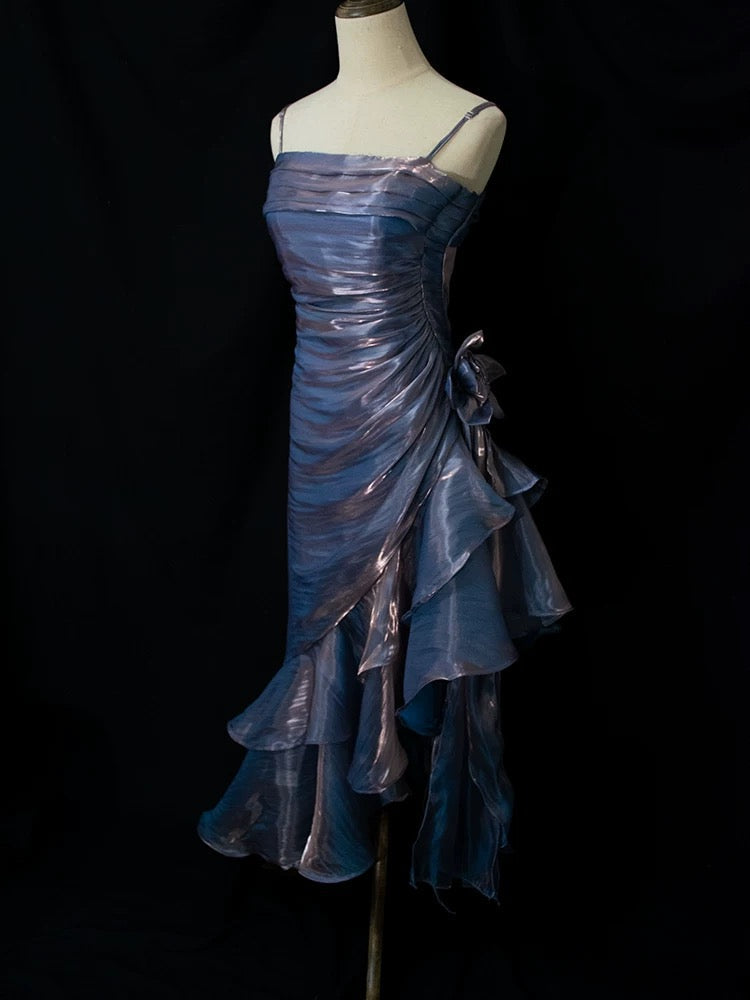 Vintage Mermaid Spaghetti Straps Satin Long Party Dress Prom Dresses