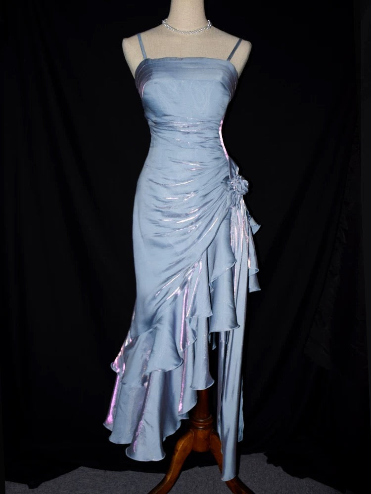 Vintage Mermaid Spaghetti Straps Satin Long Party Dress Prom Dresses