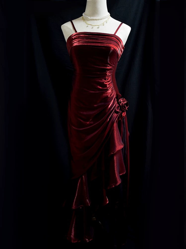 Vintage Mermaid Spaghetti Straps Satin Long Party Dress Prom Dresses