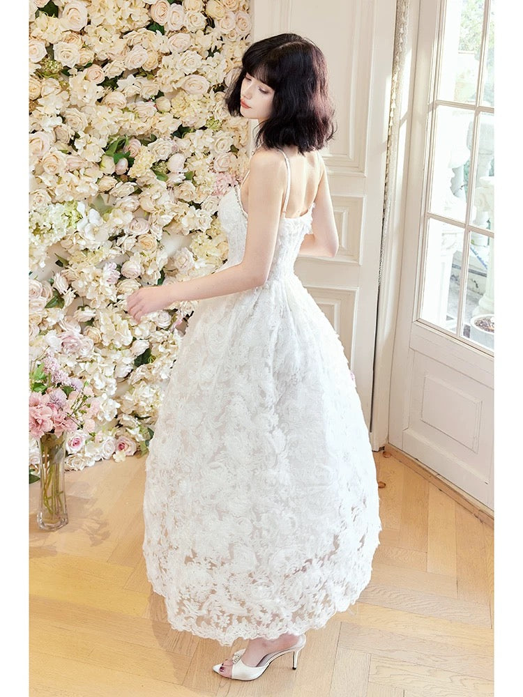 Pretty A Line Spaghetti Straps White Lace Long Length Evening Dress Prom Dresses