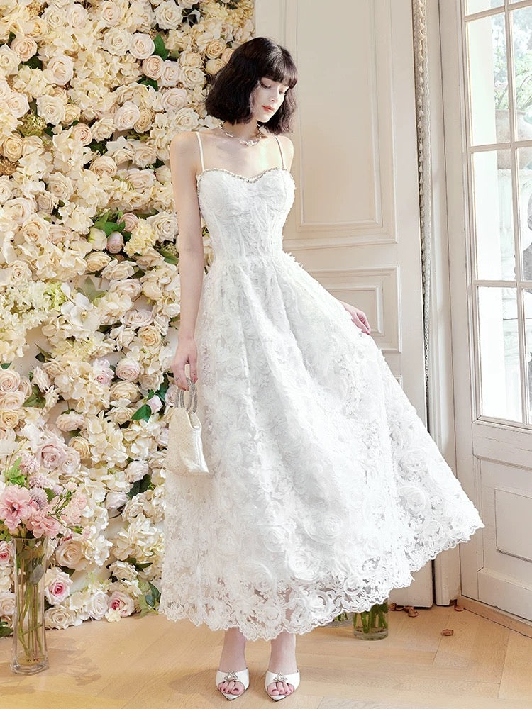 Pretty A Line Spaghetti Straps White Lace Long Length Evening Dress Prom Dresses
