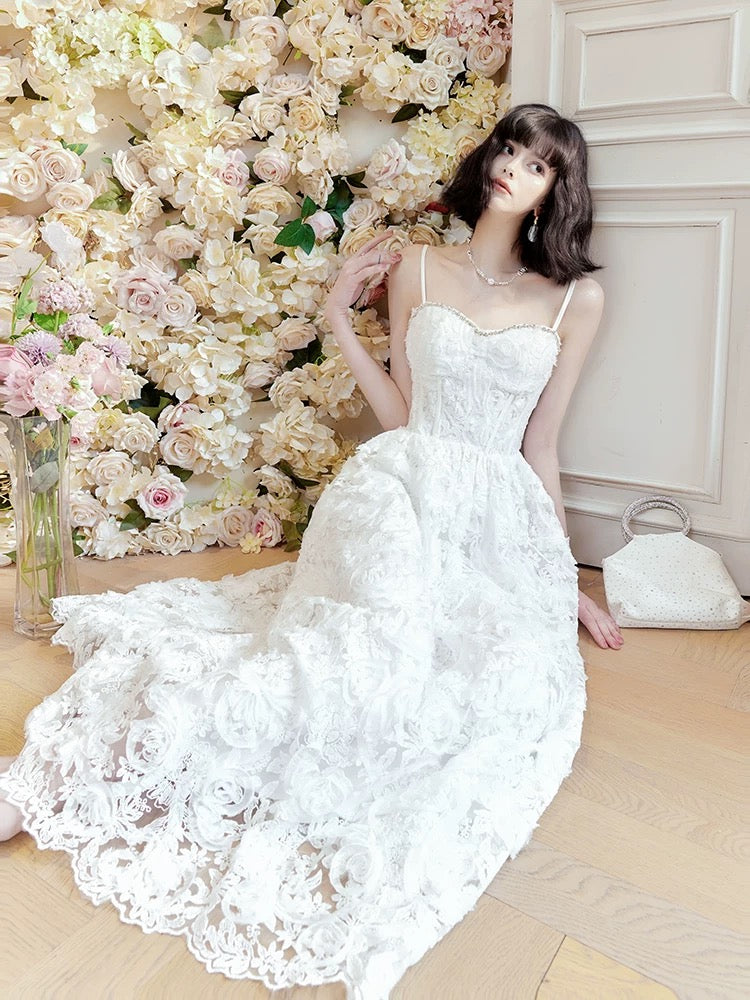Pretty A Line Spaghetti Straps White Lace Long Length Evening Dress Prom Dresses