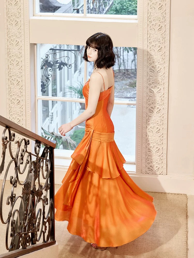 Modest Mermaid Spaghetti Straps Organge Ankle Length Evening Dress Prom Dresses