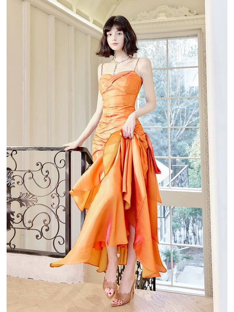 Modest Mermaid Spaghetti Straps Organge Ankle Length Evening Dress Prom Dresses