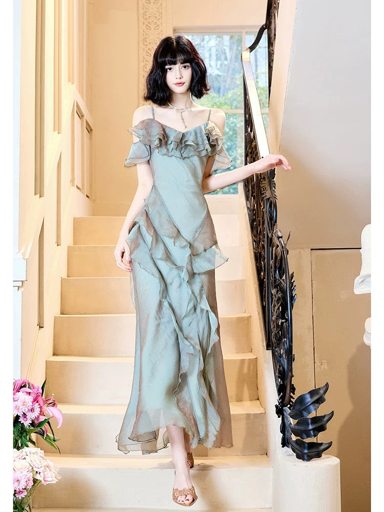 Modest Mermaid Spaghetti Straps Ruffles Long Evening Dress Prom Dresses