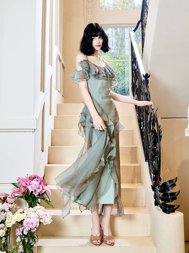 Modest Mermaid Spaghetti Straps Ruffles Long Evening Dress Prom Dresses