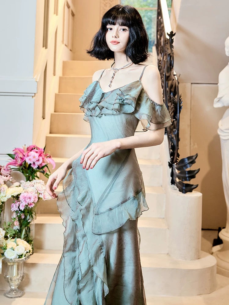 Modest Mermaid Spaghetti Straps Ruffles Long Evening Dress Prom Dresses