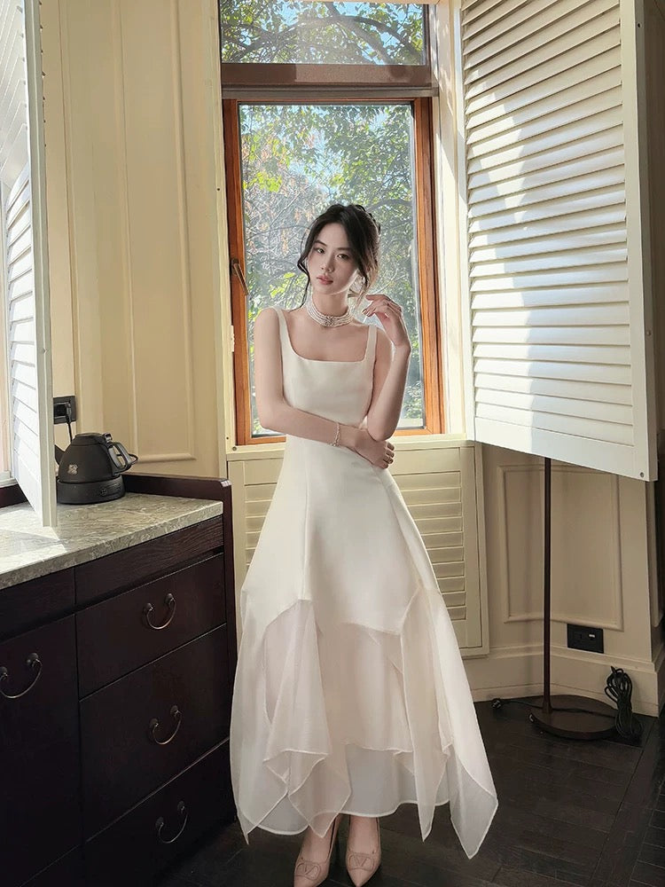 Pretty A Line Square Neckline White Ankle Length Evening Dress Prom Dresses