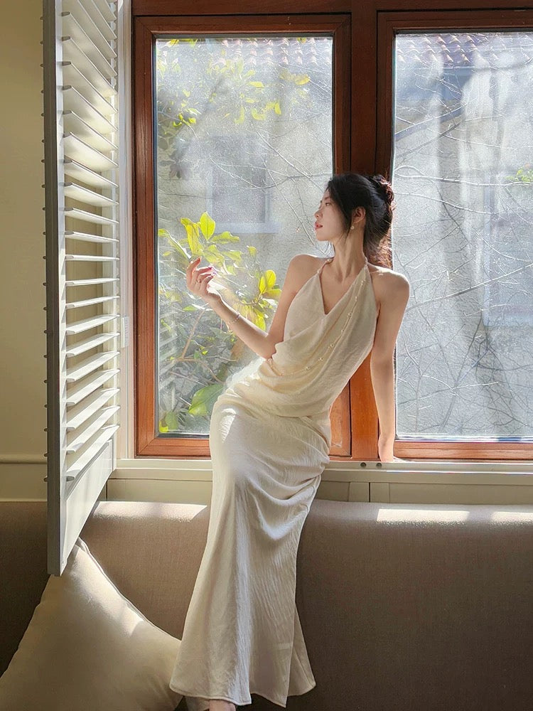 Modest Mermaid Halter Ruffles Long Evening Dress White Prom Dresses