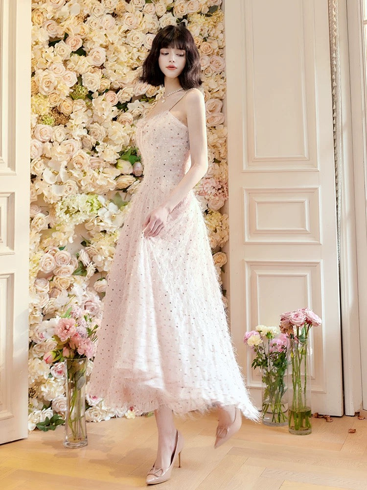 Pretty A Line Spaghetti Straps Pink Ankle Length Evening Dress Prom Dresses