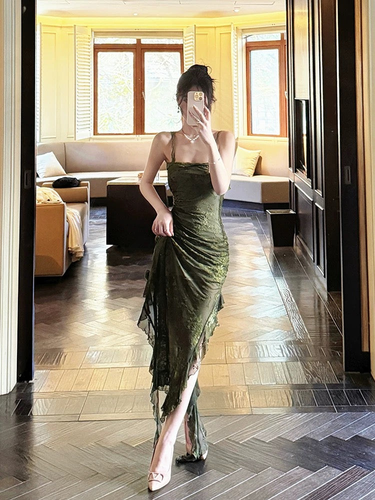Sexy Sheath Spaghetti Straps Green Ruffles Long Evening Dress Lace Prom Dresses