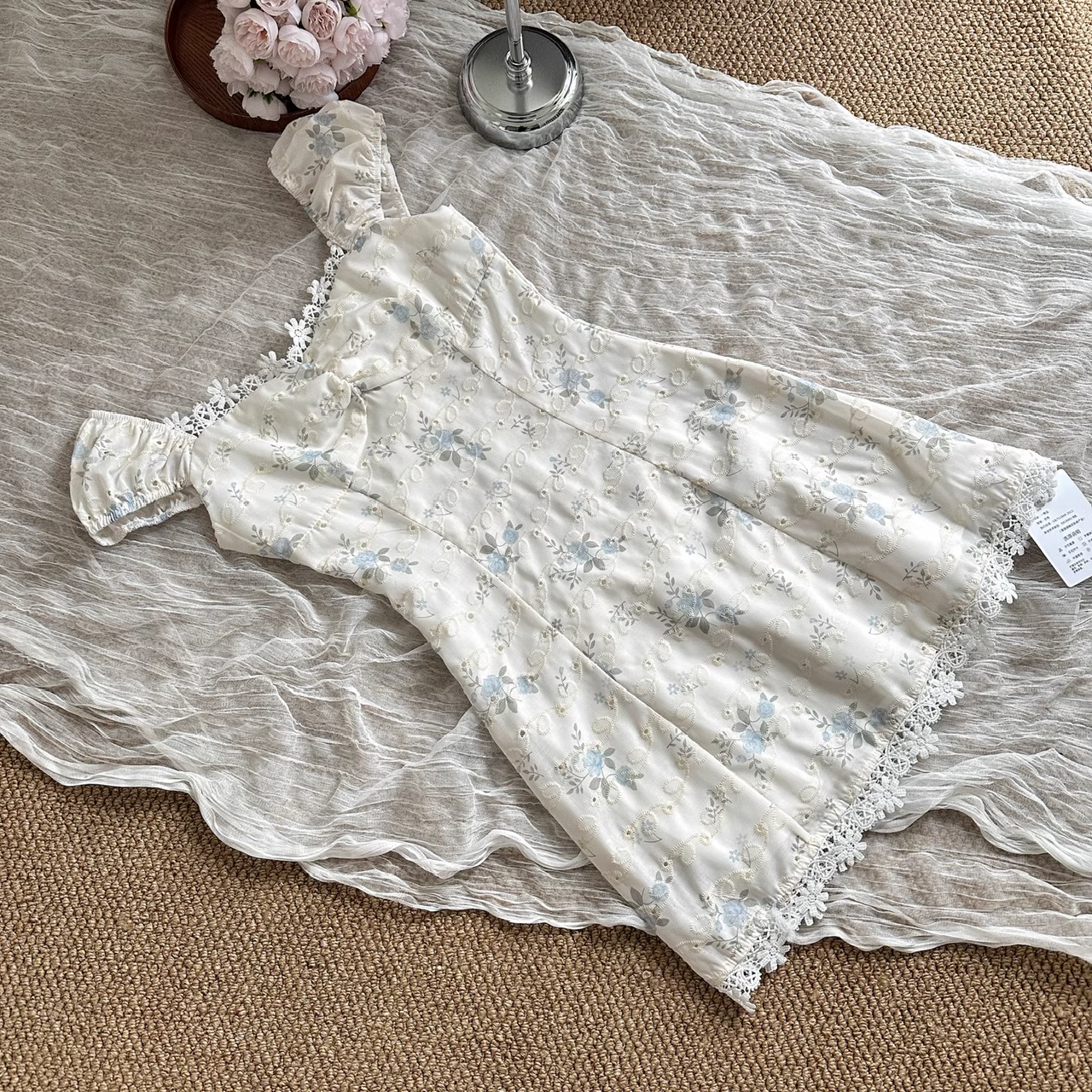 Cute A line Sweetheart Cap Sleeves Blue Floral Dress Short Holiday Dresses