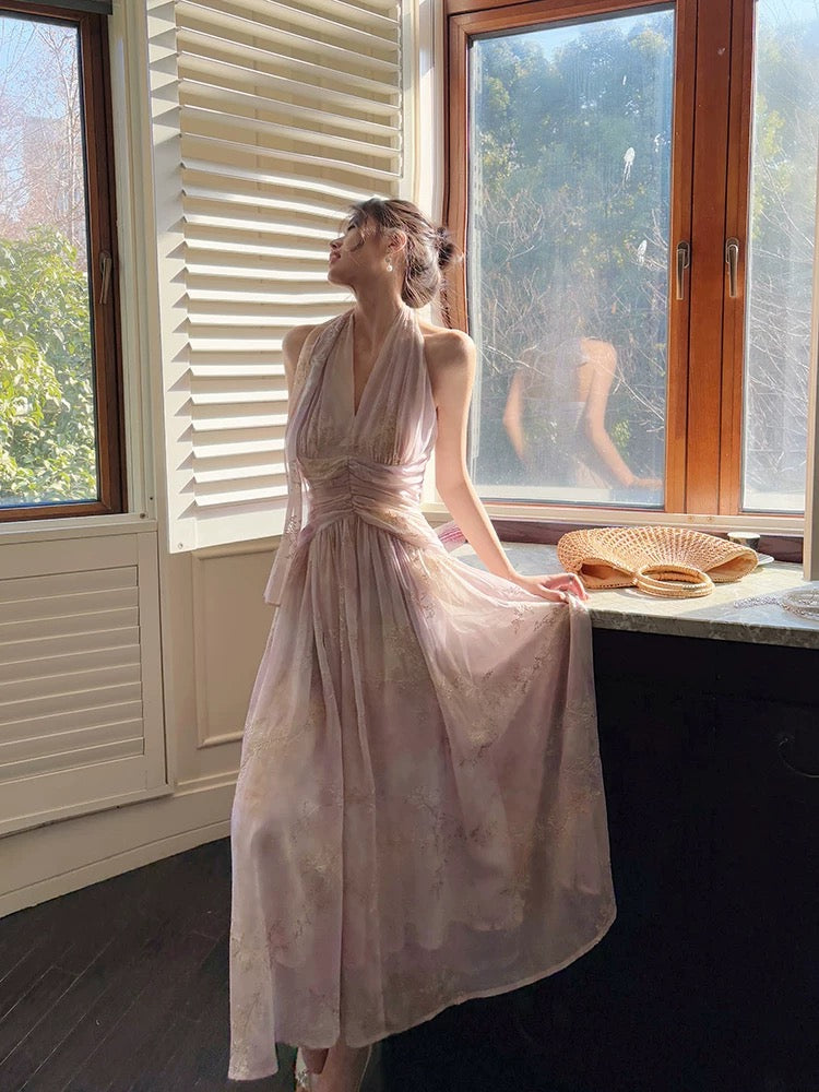 Pretty A Line Halter Pink Chiffon Floral Ankle Length Evening Dress Prom Dresses