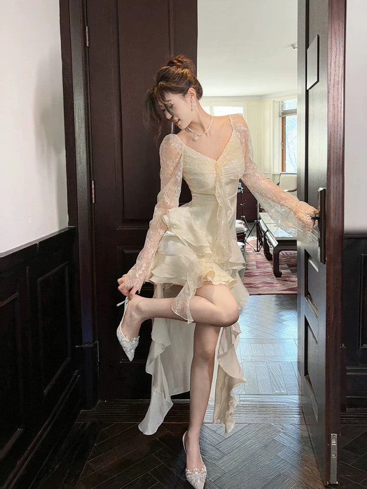 Sexy High Low V Neckline White Lace Ruffles Long Evening Dress Lace Prom Dresses