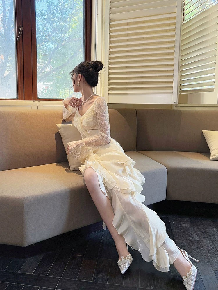 Sexy High Low V Neckline White Lace Ruffles Long Evening Dress Lace Prom Dresses