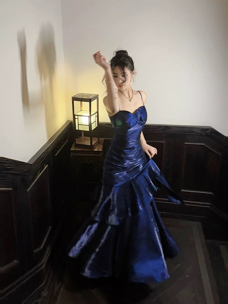 Retro Mermaid Spaghetti Straps Royal Blue Long Length Evening Dress Prom Dresses