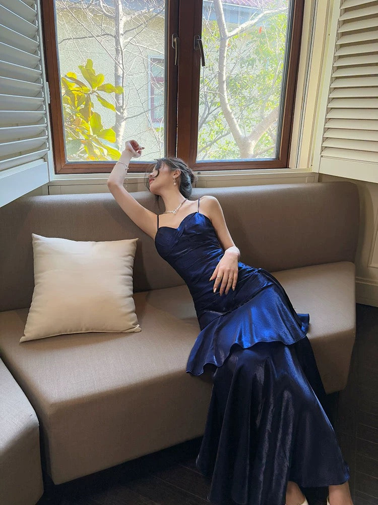 Retro Mermaid Spaghetti Straps Royal Blue Long Length Evening Dress Prom Dresses