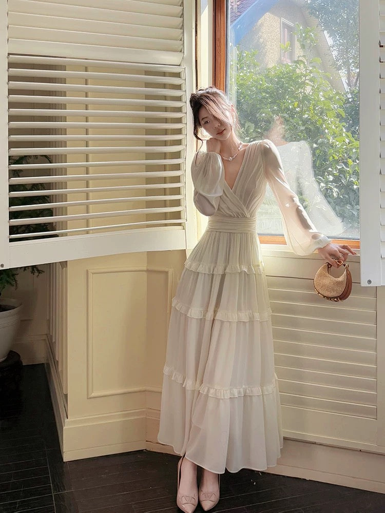 Pretty A Line V Neckline Long Sleeves Chiffon White Ankle Length Evening Dress Prom Dresses