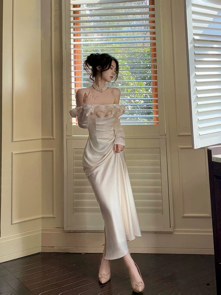 Sexy Mermaid Off The Shoulder Flowers Satin Long Evening Dress Prom Dresses