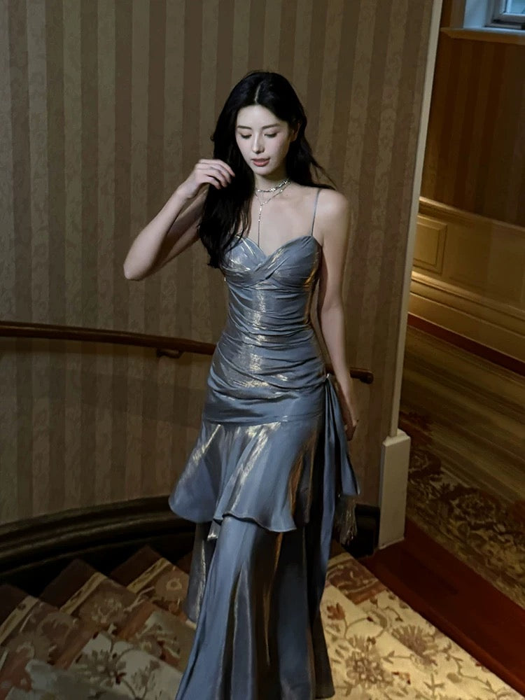 Retro Mermaid Spaghetti Straps Gray Long Length Evening Dress Prom Dresses