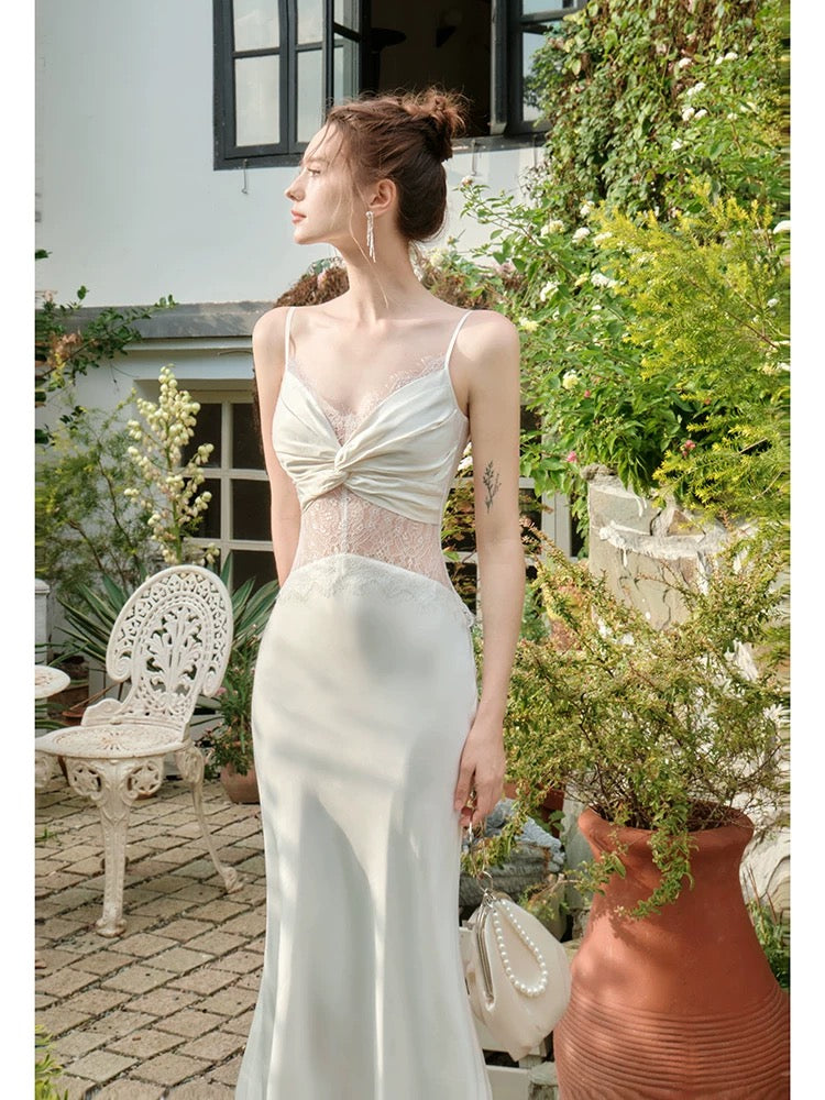 Retro Mermaid Spaghetti Straps White Long Length Evening Dress Prom Dresses