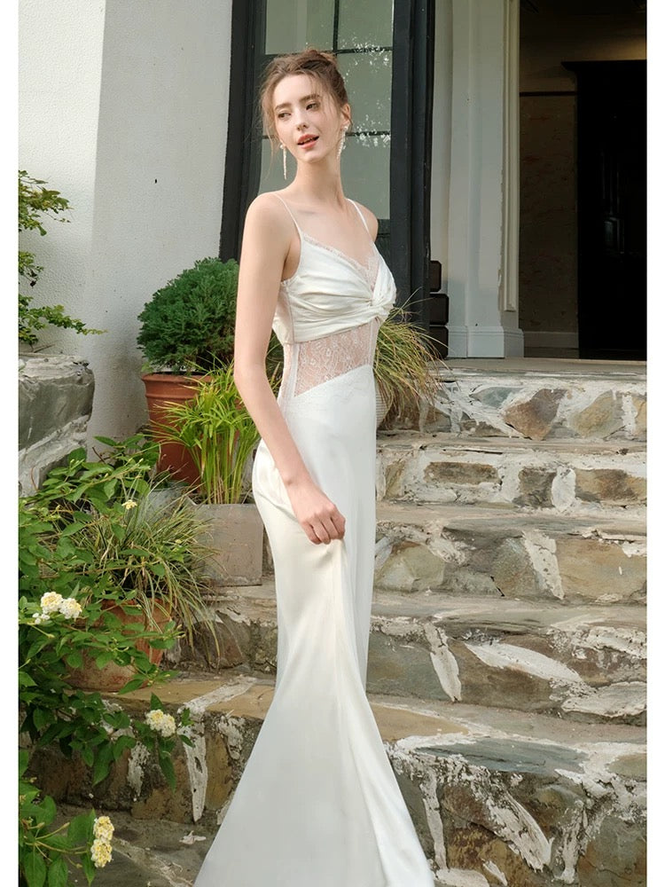 Retro Mermaid Spaghetti Straps White Long Length Evening Dress Prom Dresses