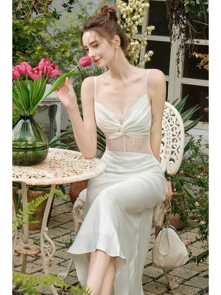 Retro Mermaid Spaghetti Straps White Long Length Evening Dress Prom Dresses