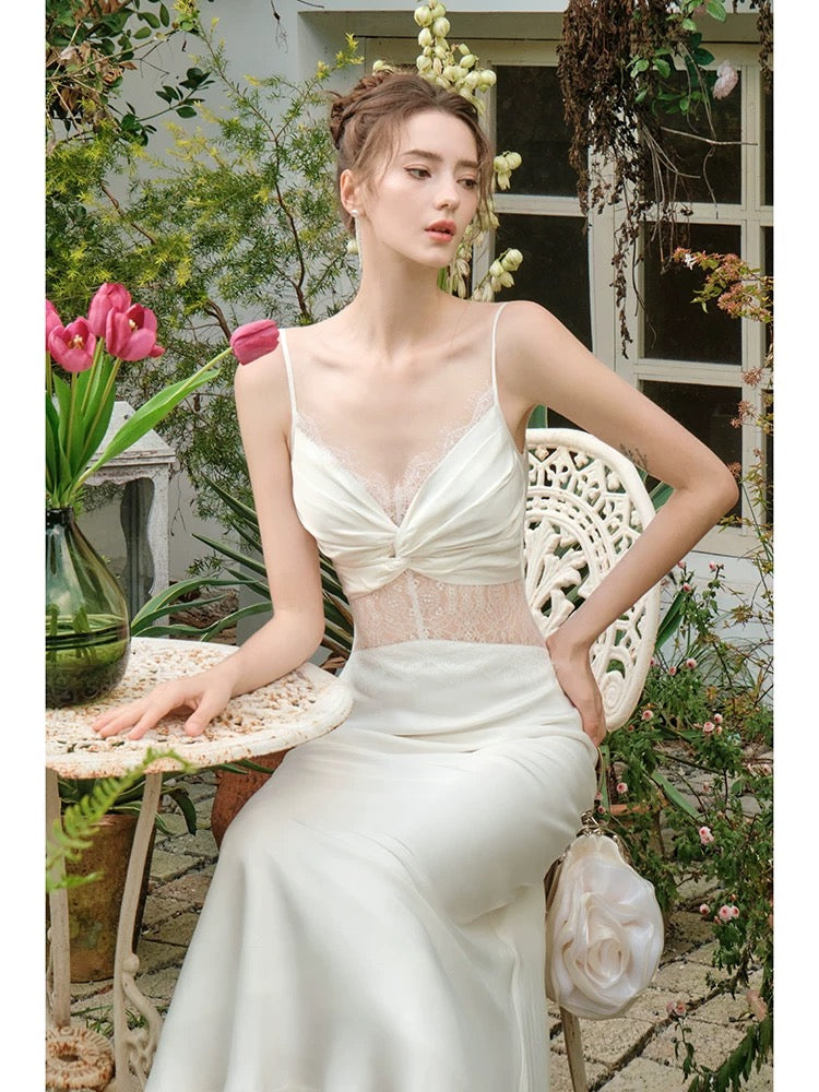 Retro Mermaid Spaghetti Straps White Long Length Evening Dress Prom Dresses