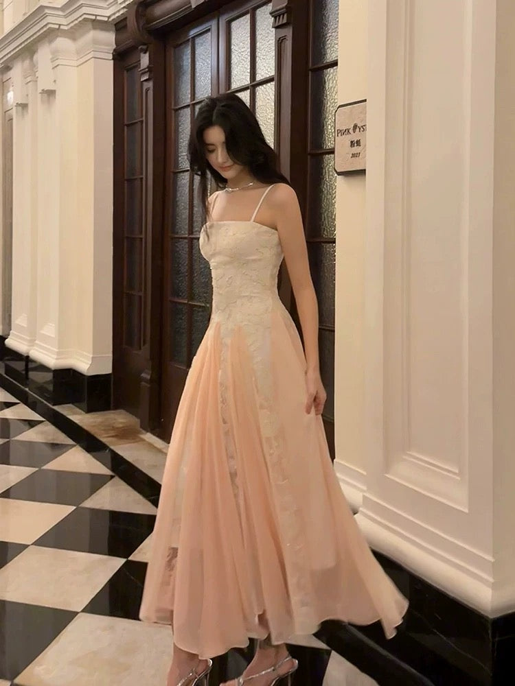 Pretty A Line Spaghetti Straps Pink Chiffon Ankle Length Evening Dress Prom Dresses
