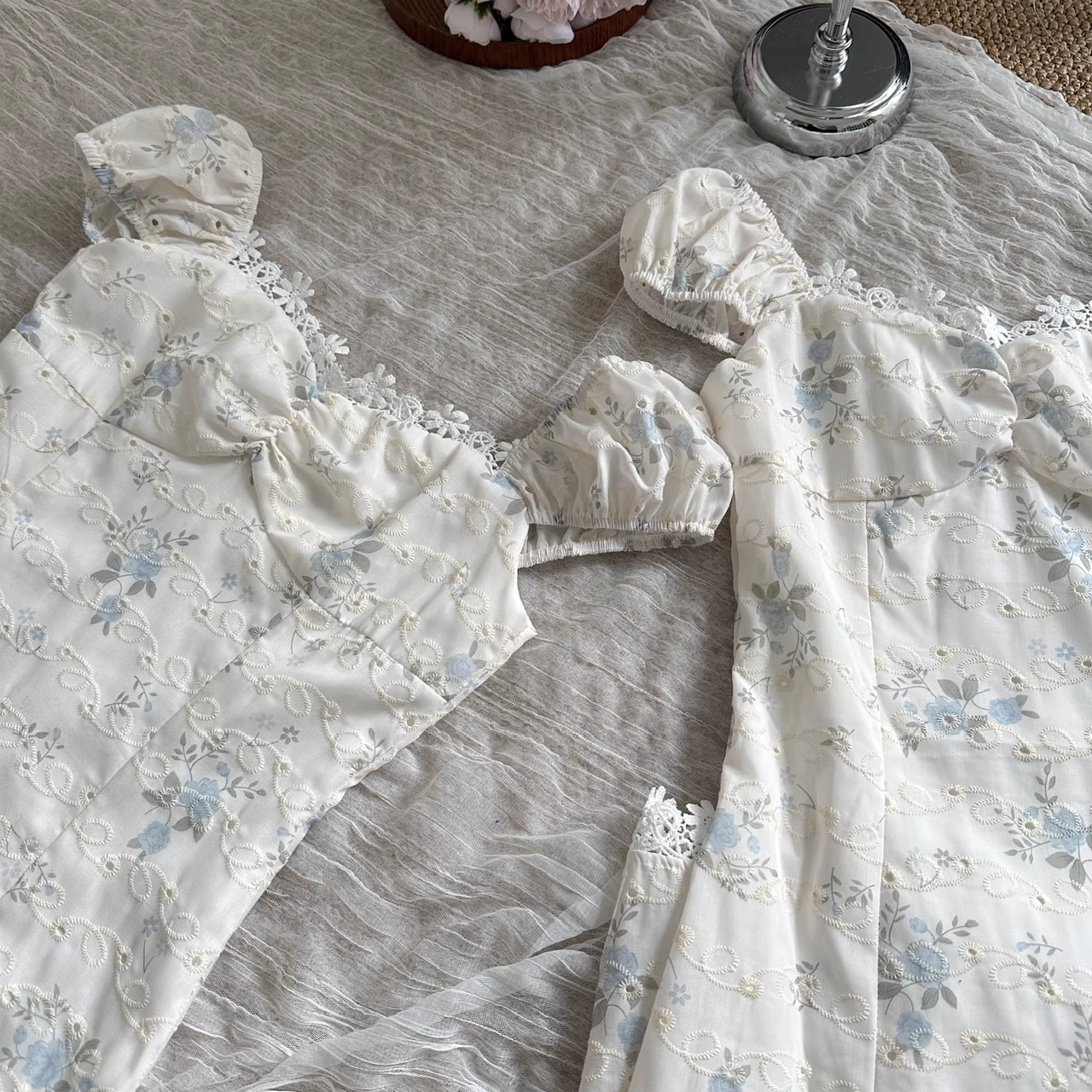Cute A line Sweetheart Cap Sleeves Blue Floral Dress Long Holiday Dresses