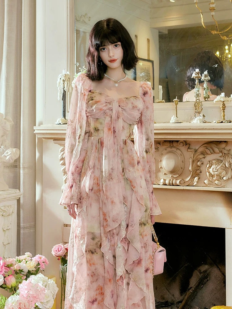 Pretty A Line Sweetheart Long Sleeves Pink Floral Chiffon Ankle Length Evening Dress Prom Dresses