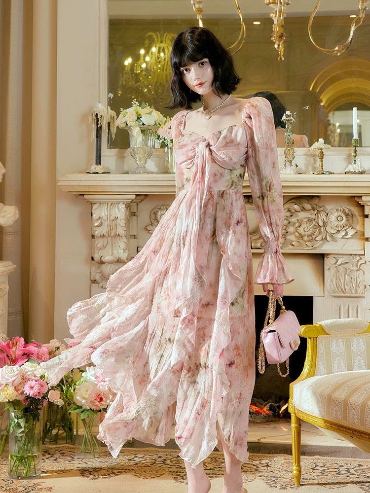 Pretty A Line Sweetheart Long Sleeves Pink Floral Chiffon Ankle Length Evening Dress Prom Dresses