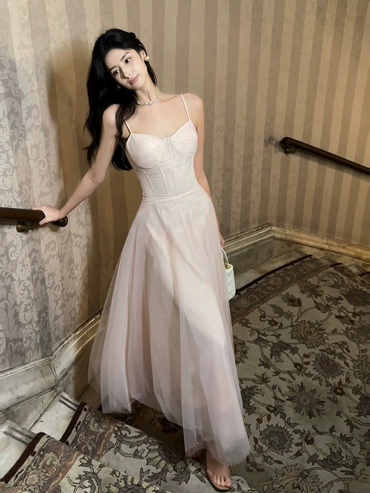 Pretty A Line Spaghetti Straps Tulle Pink Ankle Length Evening Dress Prom Dresses