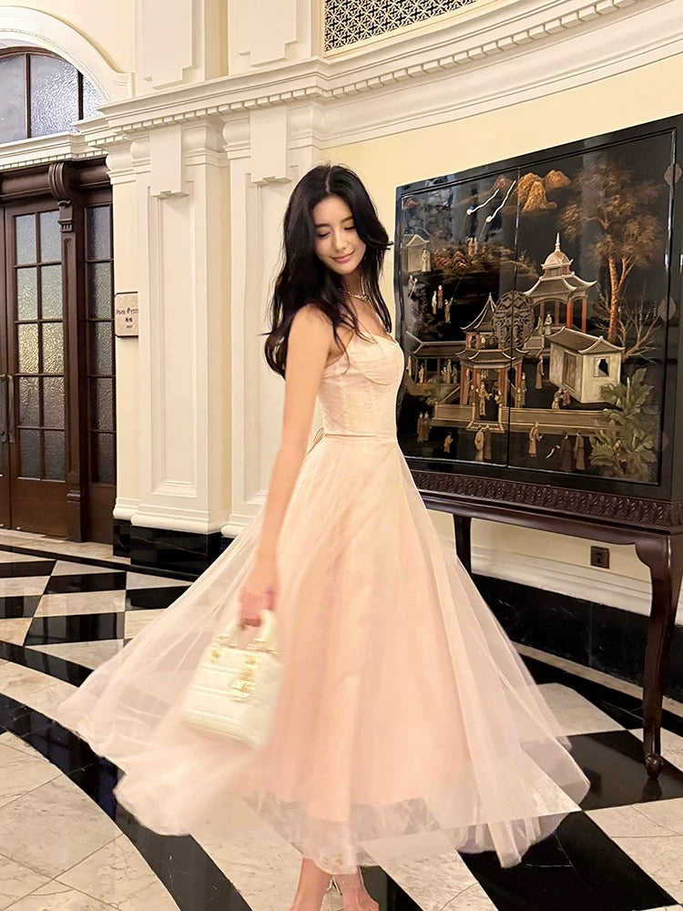 Pretty A Line Spaghetti Straps Tulle Pink Ankle Length Evening Dress Prom Dresses