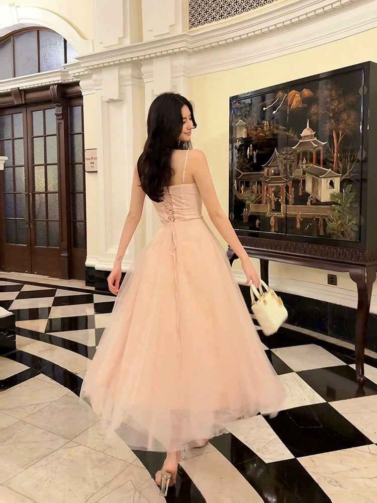 Pretty A Line Spaghetti Straps Tulle Pink Ankle Length Evening Dress Prom Dresses