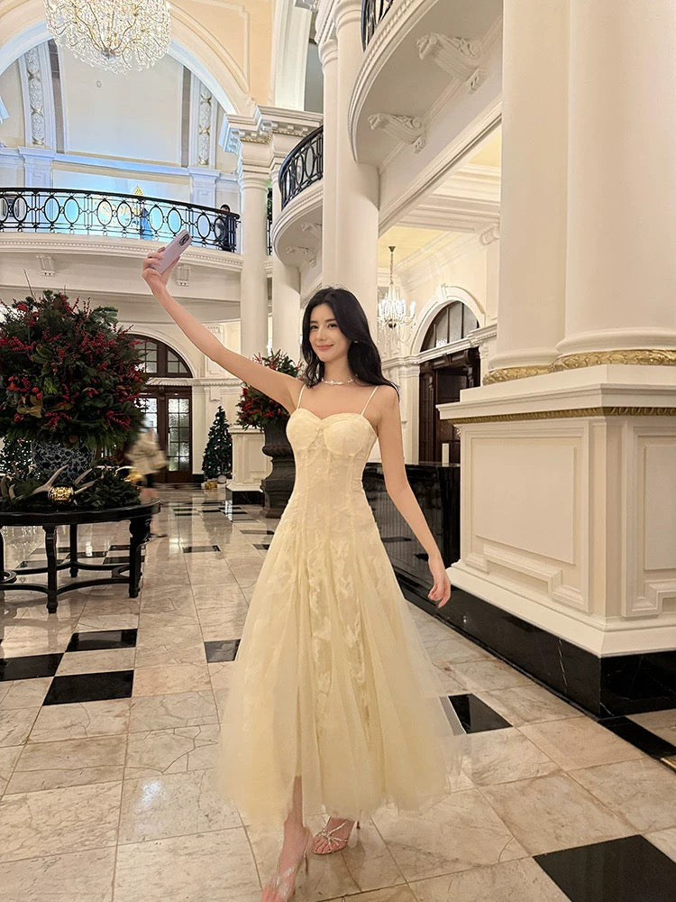 Pretty A Line Spaghetti Straps Tulle Chamapgne Ankle Length Evening Dress Prom Dresses