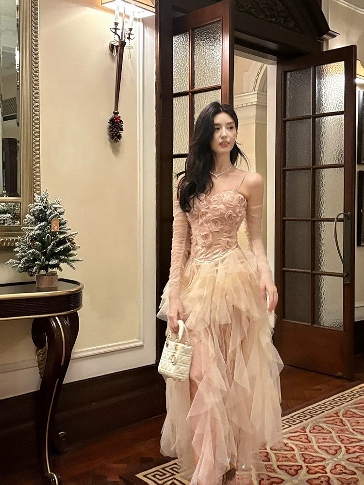 Pretty High Low Spaghetti Straps Tulle Pink Floral Ankle Length Evening Dress Prom Dresses