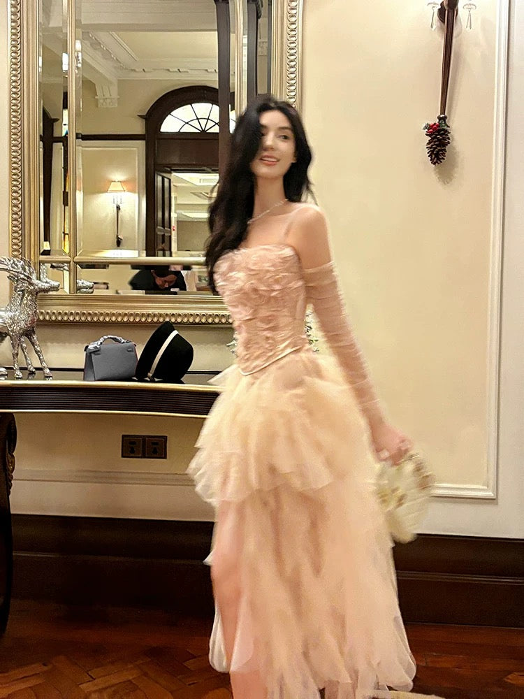Pretty High Low Spaghetti Straps Tulle Pink Floral Ankle Length Evening Dress Prom Dresses