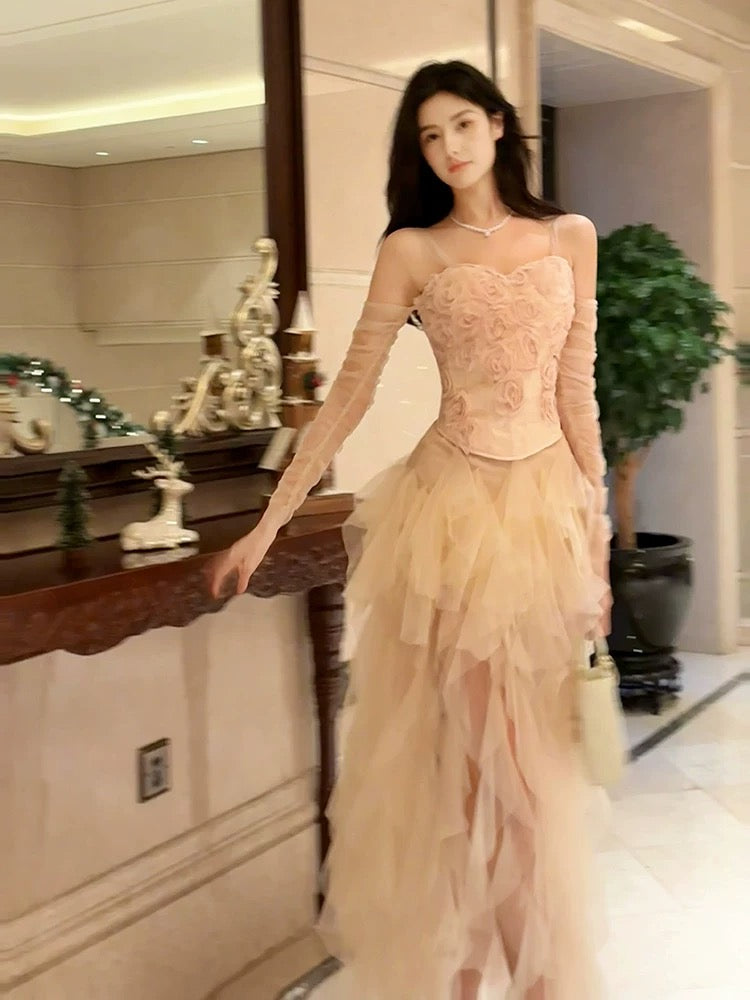 Pretty High Low Spaghetti Straps Tulle Pink Floral Ankle Length Evening Dress Prom Dresses