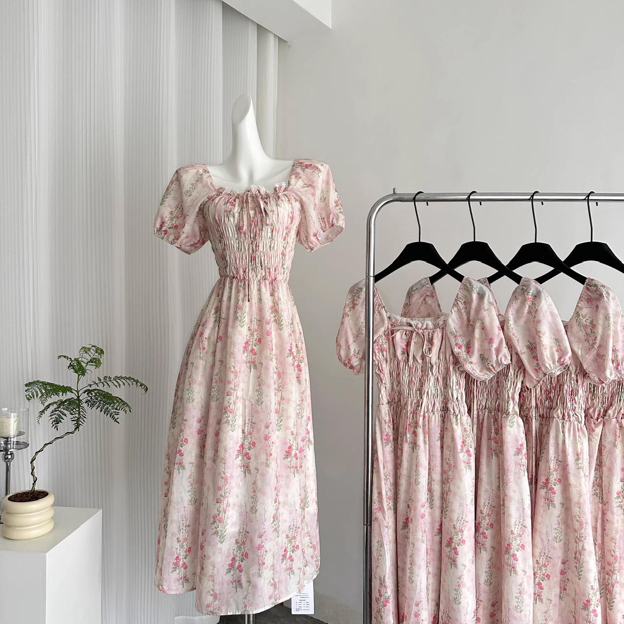 Cute A line Strapless Short Sleeves Pink Floral Dress Long Holiday Dresses