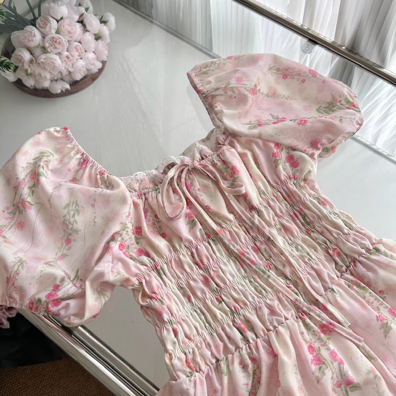 Cute A line Strapless Short Sleeves Pink Floral Dress Long Holiday Dresses