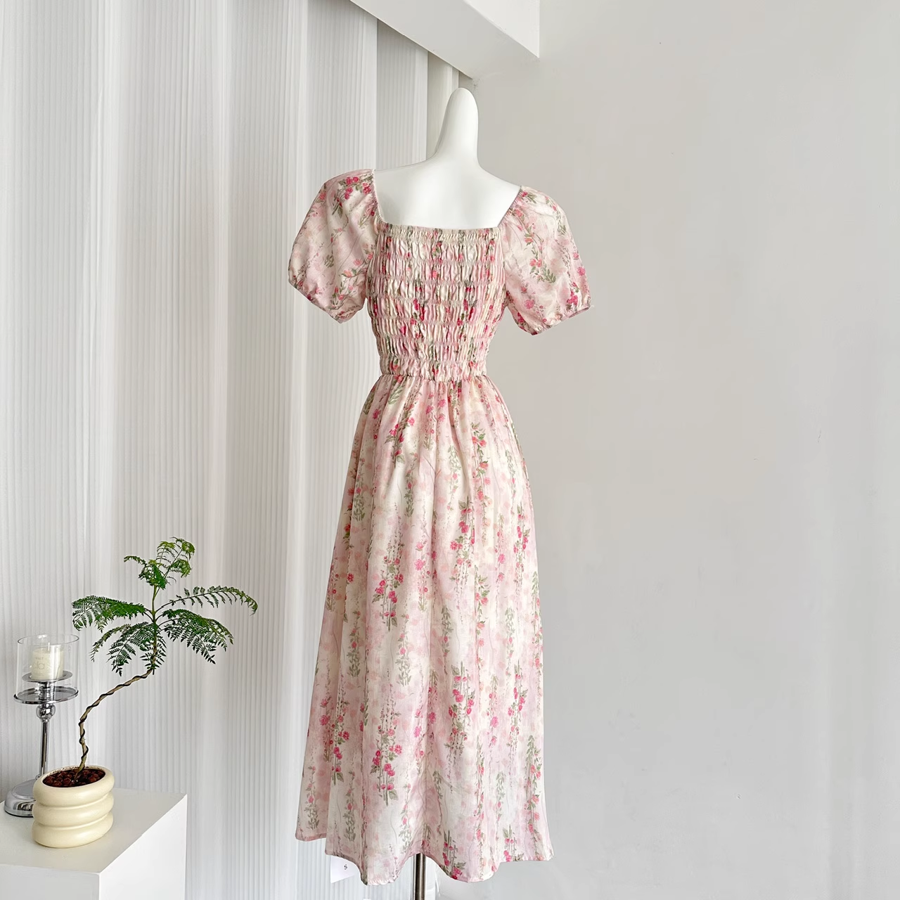 Cute A line Strapless Short Sleeves Pink Floral Dress Long Holiday Dresses