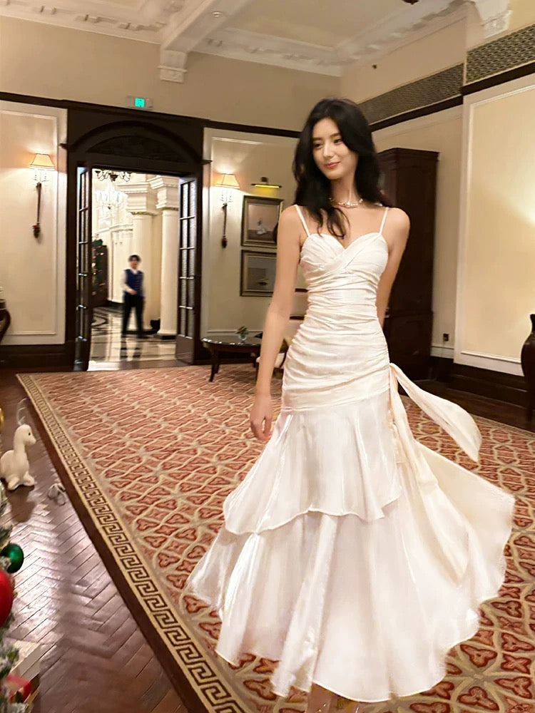 Retro Mermaid Spaghetti Straps Long Length White Evening Dress Prom Dresses