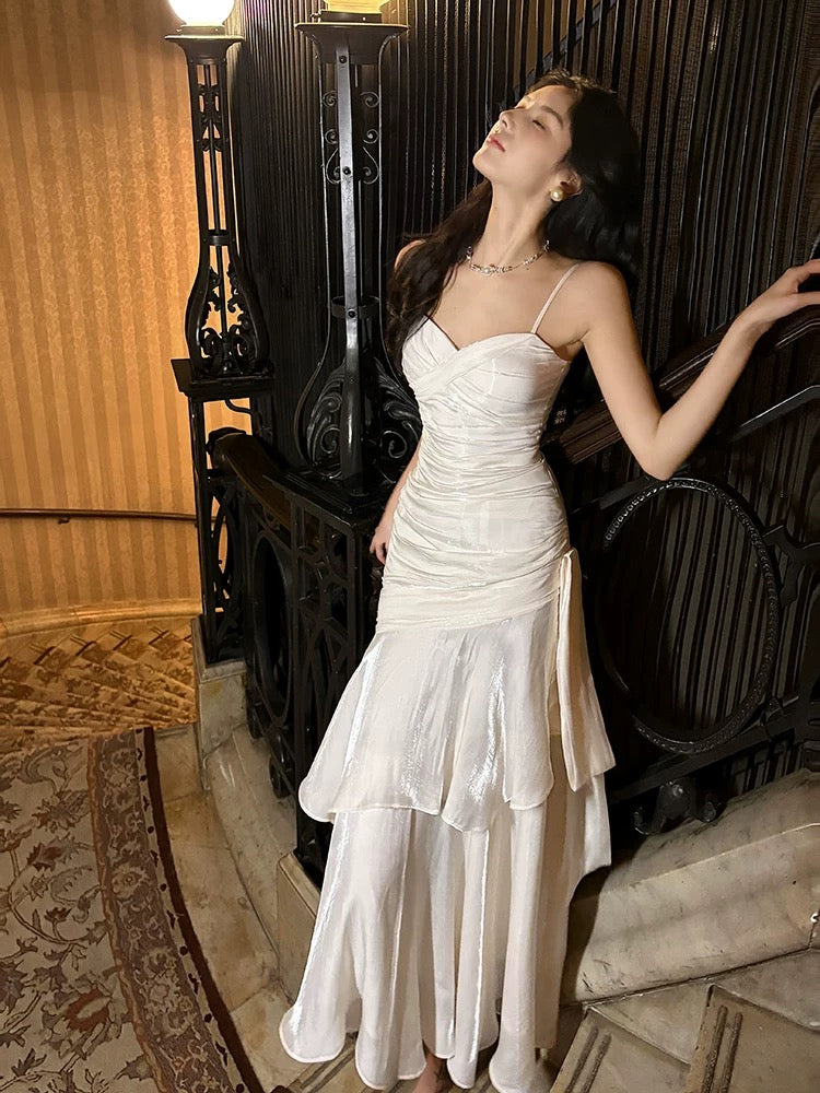 Retro Mermaid Spaghetti Straps Long Length White Evening Dress Prom Dresses