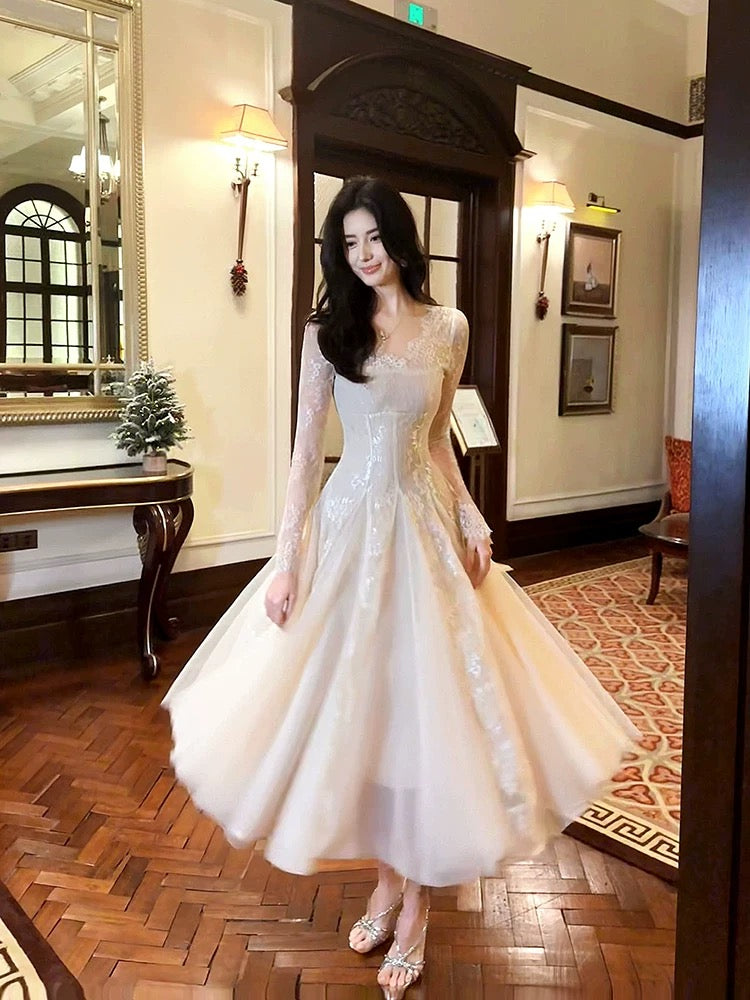 Modest A line V Neckline Lace Ankle Length Evening Dress Prom Dresses